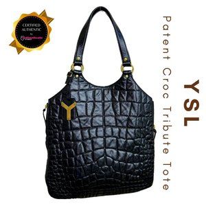 Vintage YSL Saint Laurent Black Patent Leather Croc Stitched Tribute Flat Tote